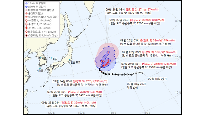 제19호 태풍 '너구리' 예상 이동경로 (사진, 기상청)
