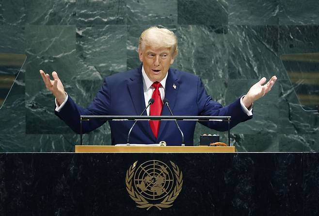 도널드 트럼프 미국 대통령이 23일(현지시간) 유엔총회에서 연설하고 있다. 연합뉴스