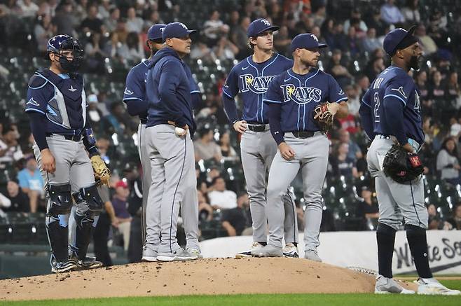 [시카고=AP/뉴시스] 메이저리그(MLB) 탬파베이 레이스 선수단. 2025.09.11