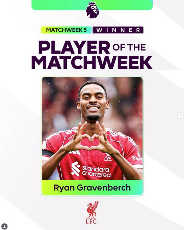 이주의 선수로 선정된 라이언 흐라번베르흐. /사진=EPL SNS