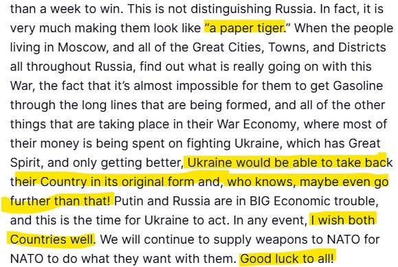 젤렌스키 대통령과 만난 뒤에, 트럼프가 트루스 소셜에 올린 글. 러시아를 "종이 호랑이"로 묘사하며, "우크라이나가 원래 영토 이상도 되찾을 수 있다"고 썼다. 그는 우크라이나와 러시아 두 나라에 행운을 빌었다./트루스 소셜 스크린샷