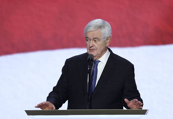 뉴트 깅그리치 전 하원의장이 2024년 7월 17일 미국 위스콘신주 밀워키의 파이서브 포럼에서 공화당 전당대회(RNC) 3일차에 연설하고 있다. /연합뉴스