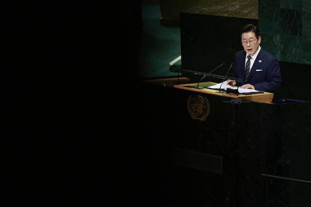 이재명 대통령이 23일(현지시간) 미국 뉴욕 유엔본부 총회장에서 기조연설을 하고 있다. 연합뉴스