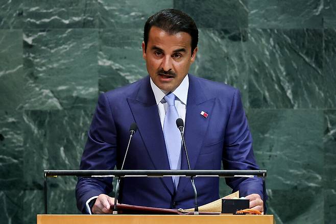 셰이크 타밈 빈 하마드 알사니 카타르 국왕이 23일 유엔 총회장에서 연설하고 있다. 로이터 연합뉴스