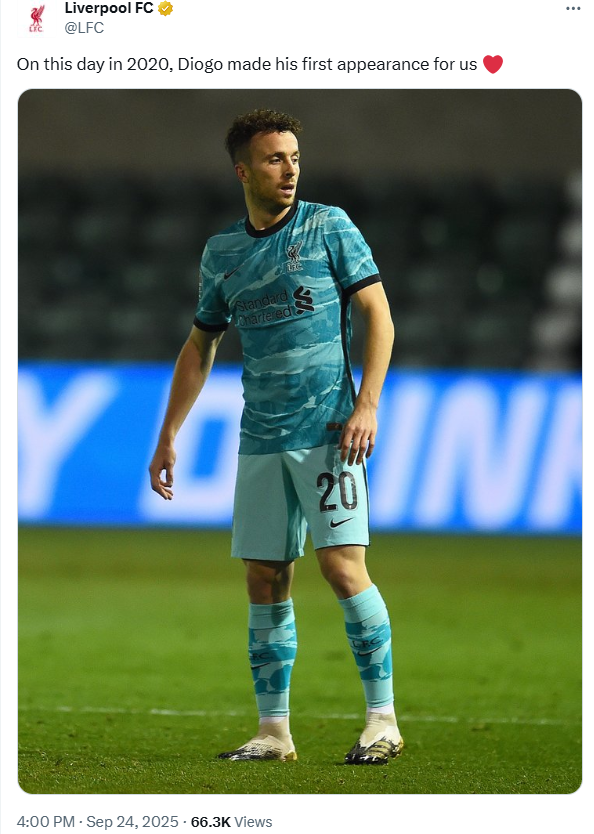 24일 리버풀 SNS에 게시된 조타의 리버풀 데뷔전 당시 사진. 사진=리버풀 SNS