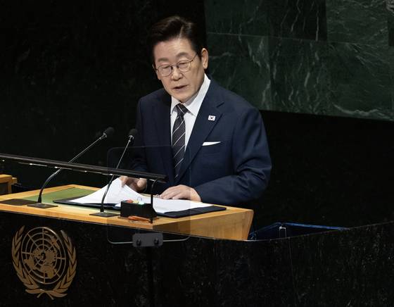 이재명 대통령이 23일(현지시간) 미국 뉴욕 유엔 본부에서 열린 제80차 유엔 총회에서 기조연설을 하고 있다. 김현동 기자