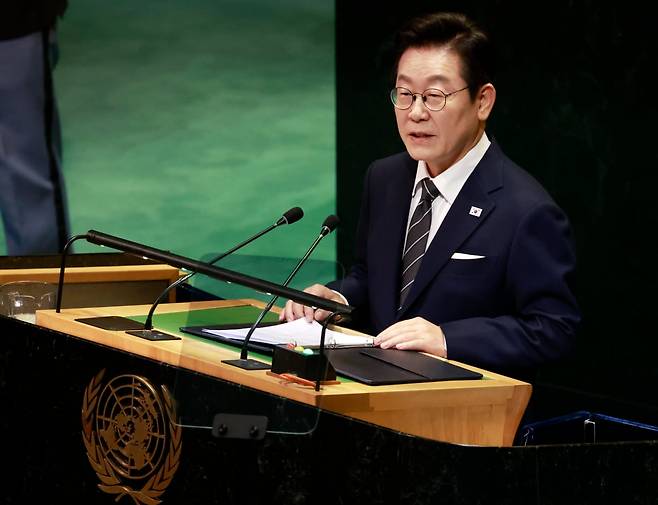 이재명 대통령이 23일(현지시간) 미국 뉴욕 유엔본부 총회장에서 기조연설을 하고 있다. / 사진=연합뉴스