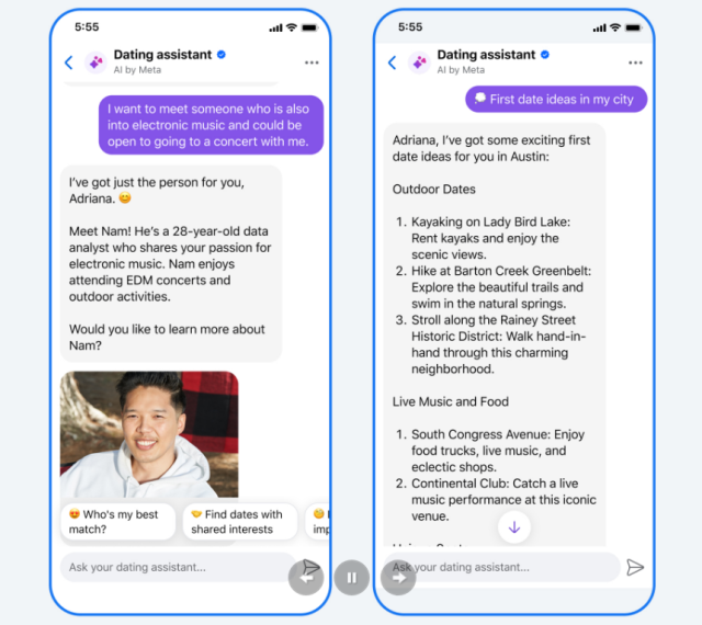 ‘데이팅 도우미’와 대화를 나누는 모습. 사진 제공=페이스북