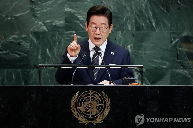 유엔 총회 기조연설하는 이재명 대통령 [로이터=연합뉴스]