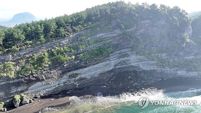 무너져 내린 송악산 절벽 (서귀포=연합뉴스) 박지호 기자 = 최근 제주 서귀포시 대정읍 송악산 절벽 일부가 무너져 24일 오전 해안에 대량의 낙석이 쌓여 있다. 2025.9.24 jihopark@yna.co.kr