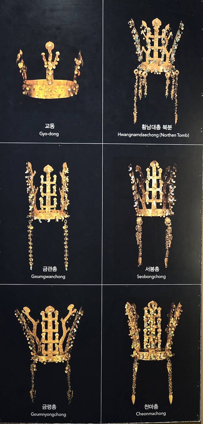 국립경주박물관에 전시된 신라 금관 6점에 대한 설명문.