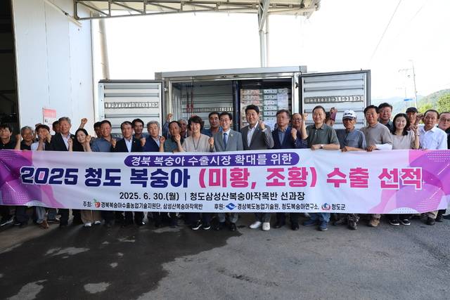 지난 6월30일 삼성산작목반 선과장에서 열린 청도 복숭아(미황·조황) 수출 선적식. 청도군 제공