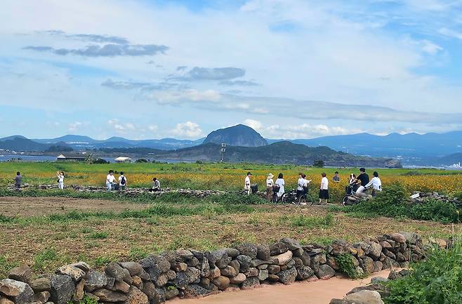 일요일인 지난 21일 제주도 남쪽 부속섬인 서귀포시 대정읍 가파도를 찾은 관광객들이 경치를 감상하고 있다. /연합뉴스