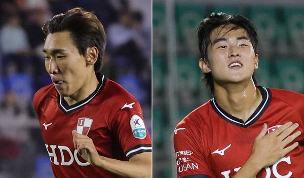 오는 28일 개막하는 2025 국제축구연맹(FIFA) 20세 이하(U-20) 월드컵에서 대한민국이 신화에 도전한다. 사진은 왼쪽부터 한국 대표팀에서 활약하는 부산 아이파크의 김현민 백가온.  부산 아이파크 제공