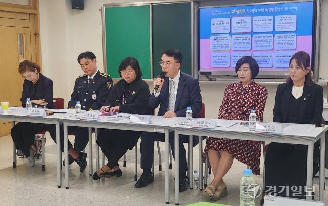 25일 구리 갈매초등학교에서 진행된 현장브리핑에서 구리남양주교육지원청 ‘학교폭력 예방 맞춤형 통합지원 시스템’ 등에 대해 발표하고 있다. 박화선기자