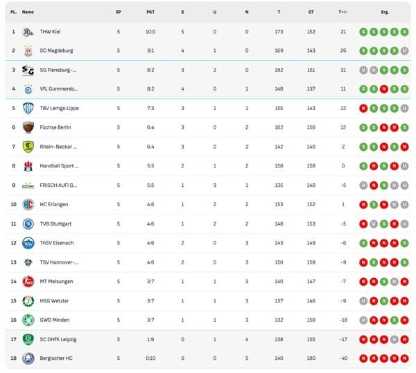 사진 2025/26시즌 DAIKIN 남자 핸드볼 분데스리가 5라운드 순위, 사진 출처=분데스리가
