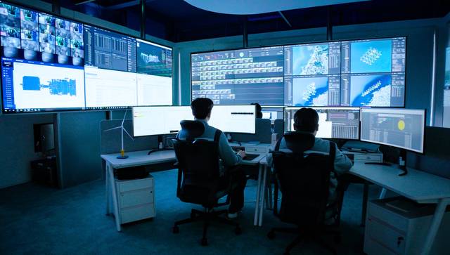 두산에너빌리티가 지난 3일 제주에 문을 연 전국 풍력발전기 통합관제센터 ‘윈드파워센터(WPC)’에서 직원들이 풍력발전기의 출력 상태를 비롯한 각종 정보를 확인하고 있다.  두산에너빌리티 제공