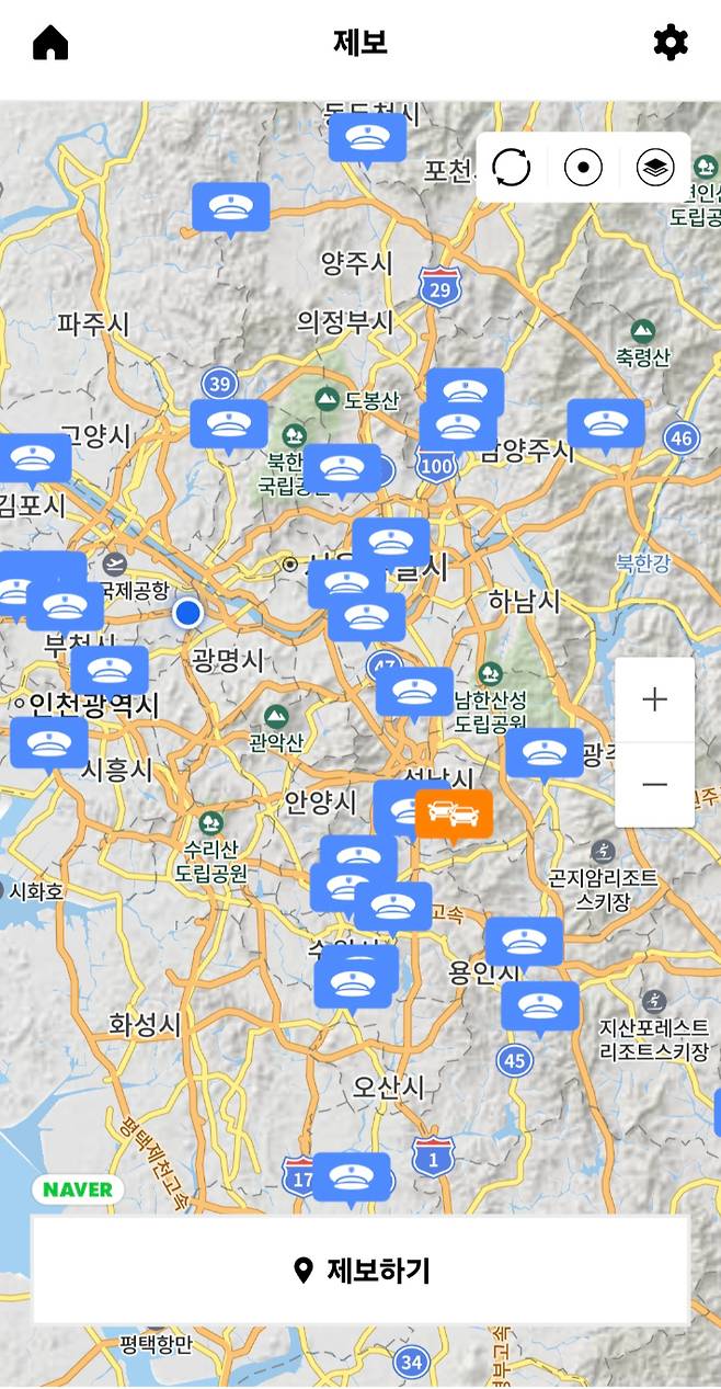 실시간 음주 단속 공유 앱의 경찰 위치 사진. 앱 '더더더' 캡처