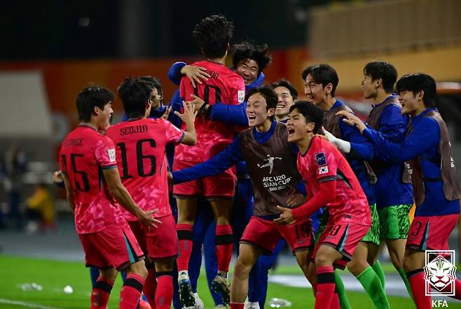 골 세리머니를 펼치는 U-20 대표팀 선수들. 대한축구협회 제공