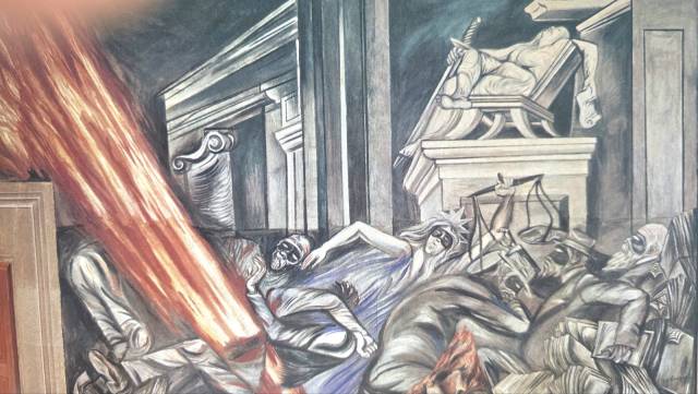 ▲ 멕시코시티 대법원 벽에 그린 '정의'. 정의의 신 법이 재판석에 앉아 취해 있다. ⓒ손호철