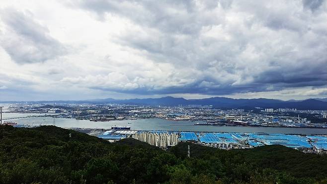 염포전망대에서 본 울산항 전경. 자동차 공장, 석유화학단지, 조선소 등 울산 주요 산업현장을 한 눈에 볼 수 있다.