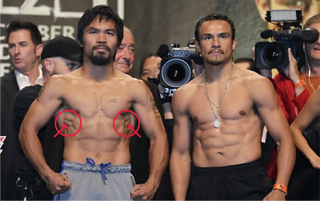 매니 파퀴아오(왼쪽)가 2012년 12월 7일 미국 라스베이거스에서 열린 계체량 행사에서 전거근에 힘을 주고 있다. 오른쪽은 후안 마누엘 마르케스. 사진=연합뉴스