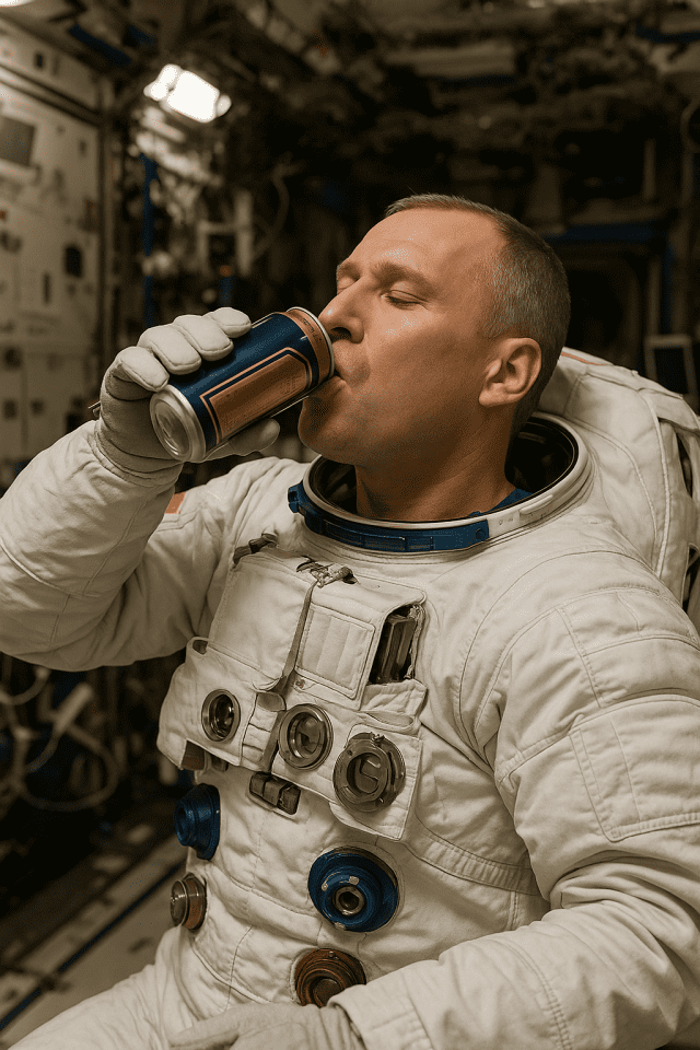 ISS의 우주비행사가 맥주를 마시는 모습을 상상한 이미지 (출처=챗GPT로 생성)