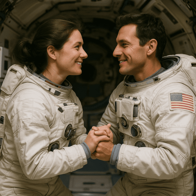 두 명의 우주비행사가 서로 교감을 나누는 모습을 상상한 이미지 (출처=챗GPT로 생성)
