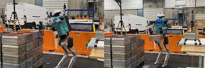 8월 28일 미국 오리건주의 어질리티 로보틱스 로보팹에서 이족 보행 휴머노이드 ‘디짓’이 16㎏에 달하는 바구니를 옮기고 있다. 동아사이언스 제공