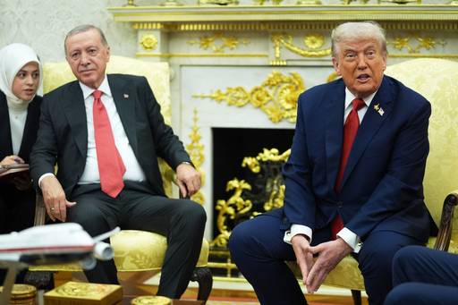 25일(현지시간) 미국 백악관을 방문한&nbsp;레제프&nbsp;타이이프 에르도안 튀르키예 대통령(왼쪽)이 정상회담 개시에 앞서 도널드 트럼프 대통령의 모두 발언 내용을 통역자를&nbsp;통해 전해 듣고 있다. AP연합뉴스