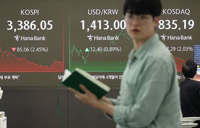 코스피가 급락한 26일 서울 중구 하나은행 딜링룸 현황판에 코스피·코스닥 종가가 표시돼 있다.  이날 코스피는 전장 대비 85.06 포인트(-2.45%) 내린 3386.05, 코스닥도 전장 대비 17.29 포인트(-2.03%) 내린 835.19에 거래를 마쳤다. 원·달러 주간 거래 종가는 1412.4원을 기록했다. 연합뉴스