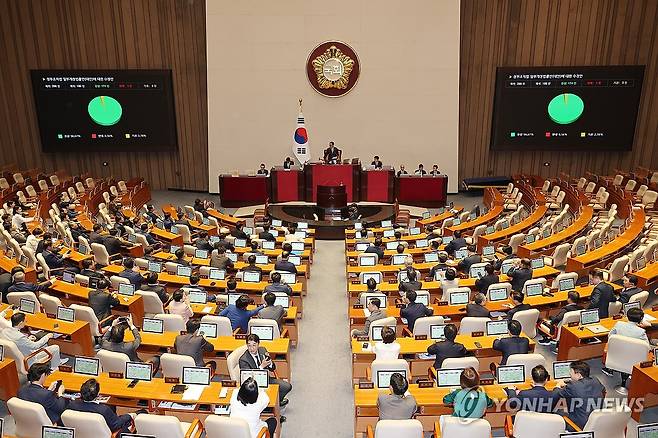 정부조직법 일부개정법률안에 대한 수정안 통과 (서울=연합뉴스) 박동주 기자 = 26일 서울 여의도 국회 본회의에서 정부조직법 일부개정법률안에 대한 수정안이 통과되고 있다. 2025.9.26 pdj6635@yna.co.kr