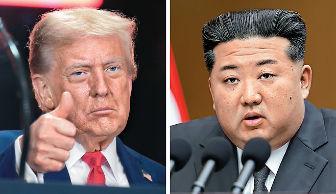 도널드 트럼프 미국 대통령이 21일(현지 시간) 미 애리조나주 글렌데일의 스테이트팜 스타디움에서 열린 우파 활동가 찰리 커크 추모식에 참석하고 있다(왼쪽 사진). 김정은 북한 국무위원장이 21일 평양 만수대의사당에서 열린 최고인민회의에서 연설하고 있다. 글렌데일=AP 뉴시스·평양=노동신문 뉴스1