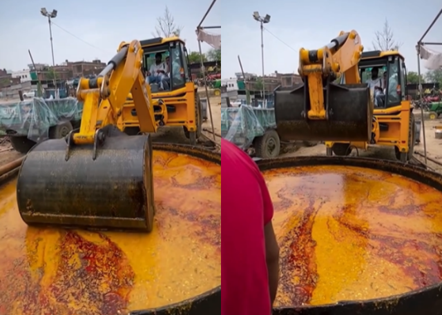 인도에서 굴착기 삽으로 대형 솥 안의 커리를 저으며 요리하는 모습을 영상이 SNS에 올라오면서 위생 논란이 불거졌다. SNS 갈무리