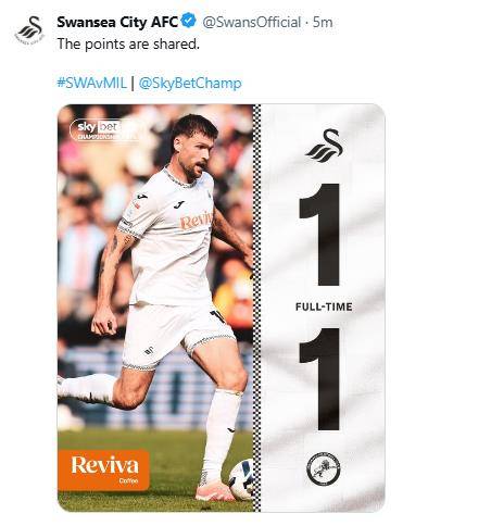 밀월과의 무승부 소식을 전한 스완지 시티. [스완지 시티 구단 SNS. 재판매 및 DB 금지]