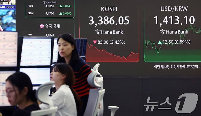 26일 오후 서울 중구 하나은행 본점 딜링룸 전광판에 코스피 종가가 나오고 있다.  2025.9.26/뉴스1 ⓒ News1 김민지 기자