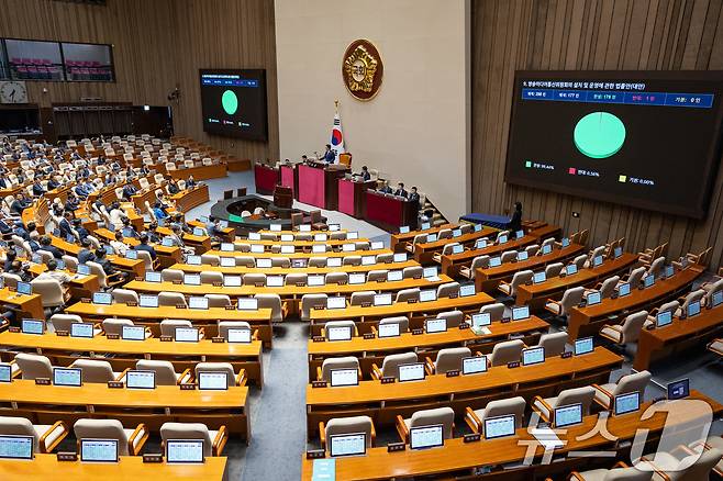 27일 서울 여의도 국회에서 열린 제429회 국회(정기회) 제9차 본회의에서 방송미디어통신위원회의 설치 및 운영에 관한 법률안(대안)이 재석 177인 중 찬성 176인, 반대 1인으로 가결되고 있다. 2025.9.27/뉴스1 ⓒ News1 유승관 기자