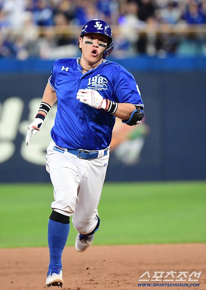 23일 대구 삼성라이온즈파크에서 열린 KBO리그 삼성과 두산의 경기. 4회 동점 1타점 3루타를 날린 삼성 강민호. 대구=송정헌 기자songs@sportschosun.com/2025.09.23/