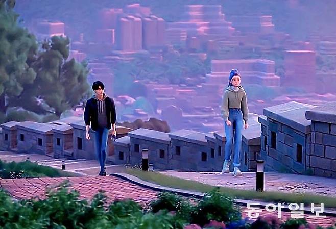 케데헌에서 진우와 루미가 낙산공원 성곽길을 걷는 장면. 넷플릭스 화면 캡쳐