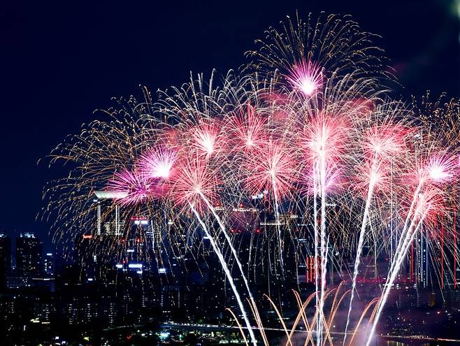 지난 27일 오후 서울 여의도 한강공원 일대에서 열린 '2025 서울세계불꽃축제'에서 화려한 불꽃이 밤하늘을 수놓고 있다. 뉴스1