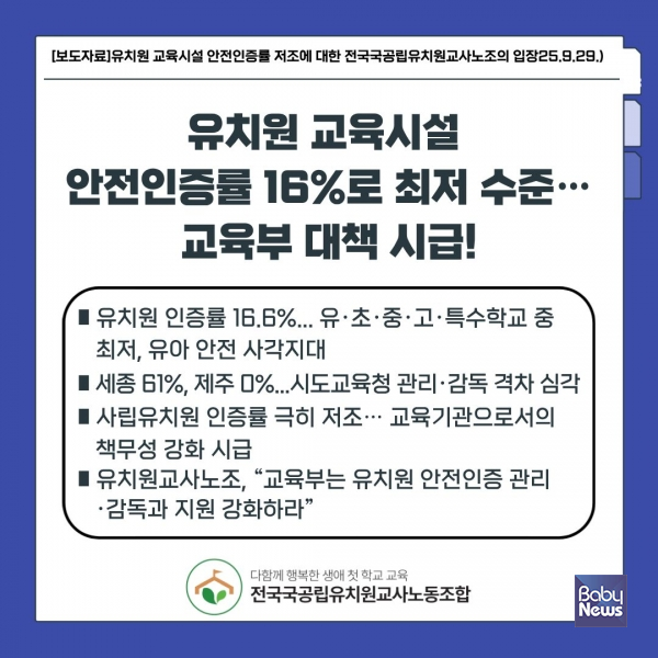 유치원 교육시설 안전인증률 저조에 대한 전국국공립유치원교사노조의 입장 웹자보. ⓒ전국국공립유치원교사노동조합