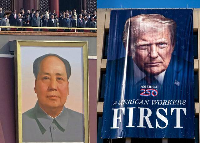 9월 3일 중국 전승절 80주년 열병식이 열린 베이징 톈안먼에 마오쩌둥의 대형 초상화가 걸려 있다(왼쪽사진). 8월 30일 미국 워싱턴 노동부 본부 건물 정면에 도널드 트럼프 대통령의 초상화와 '미국 노동자 우선'이란 문구가 쓰인 대형 현수막이 걸려 있다. 베이징·워싱턴=교도·UPI 연합뉴스
