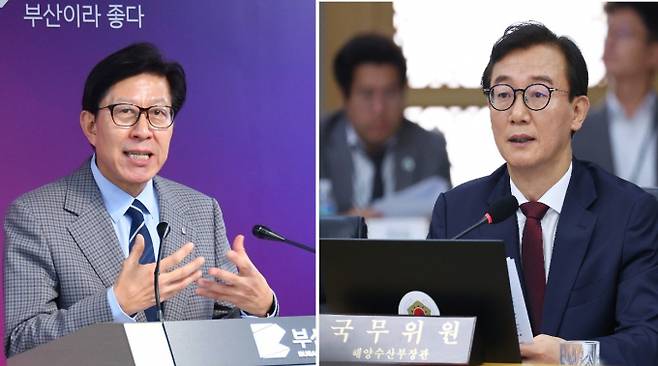 박형준 부산시장(왼쪽), 전재수 해양수산부 장관/사진=뉴시스