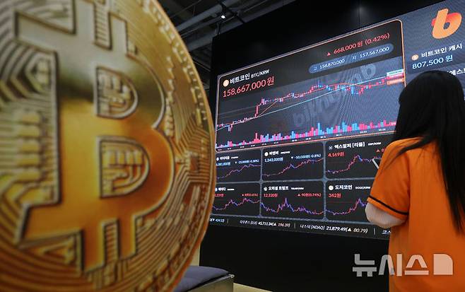 [서울=뉴시스] 홍효식 기자 = 11일 서울 서초구 빗썸 라운지 강남점 전광판에 비트코인 시세가 표시되고 있다.비트코인 가격은 미국의 생산자물가지수(PPI) 하락 소식에 한때 11만 4000달러선을 돌파하며 약 2% 가까이 상승했다. 2025.09.11. yesphoto@newsis.com