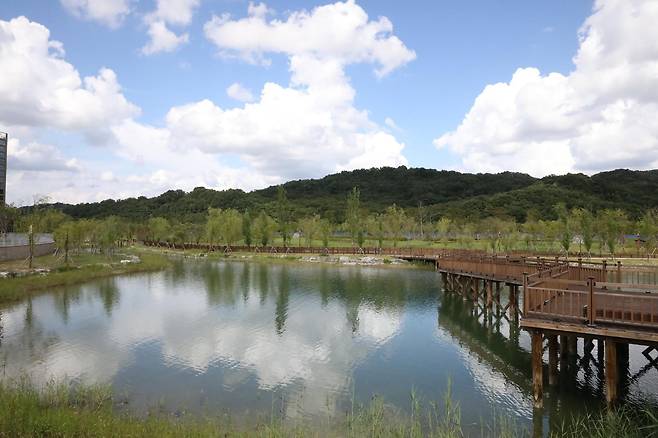 27일 대전 서구 도안동과 유성구 원신흥동 일대에 조성된 갑천생태호수공원이 개장했다. 사진은 물 18만5000t을 담을 수 있는 호수 모습. 대전도시공사 제공