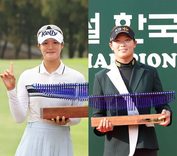 2025년 한국여자프로골프(KLPGA) 투어 '변형 스테이블포드 방식'의 동부건설·한국토지신탁 챔피언십에 출전하는 2024년 우승자 김민별 프로, 2023년 우승자 방신실 프로. 사진제공=KLPGA (사진을 무단으로 사용하지 마십시오.)