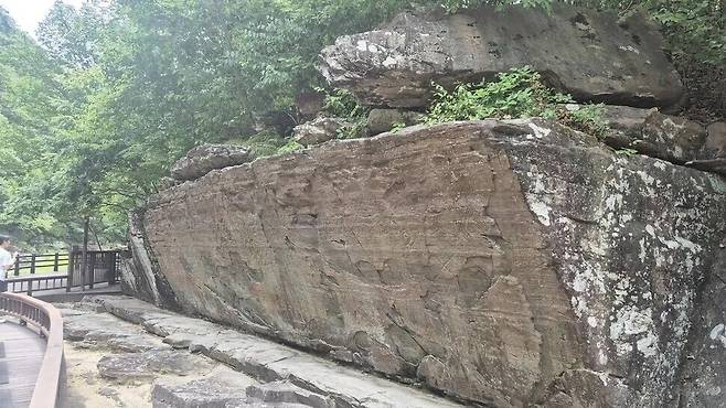 울산 울주군 두동면 천전리 명문과 암각화. 이곳은 울타리를 넘어 비교적 가까운 거리에서 암각화를 관찰할 수 있다. 주성미 기자