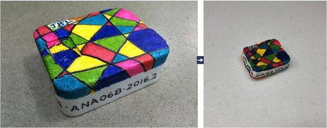 수심 2000m에서 원래 크기의 3분의 1 정도로 압착된 스티로폼. 필자 직접 촬영