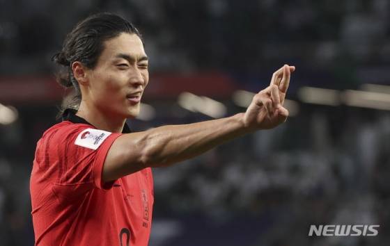 조규성이  2024년 1월 30일(현지시각) 카타르 알라이얀 에듀케이션 시티 스타디움에서 열린 사우디아라비아와의 아시아축구연맹(AFC) 2023 카타르 아시안컵 16강전에서 동점골을 넣고 세리머니를 하고 있다. /사진=뉴시스