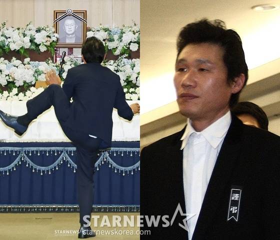 '개그계 대부' 故전유성의 영결식이 엄수된 28일 오전 서울아산병원 장례식장에서 코미디언 김정렬이 평소 고인이 좋아하던 '숭그리당당' 퍼포먼스를 하고 있다. /2025.09.28 /사진=이동훈 photoguy@, 故 배삼룡 발인에 참석한 코미디언 김정렬 /사진=스타뉴스